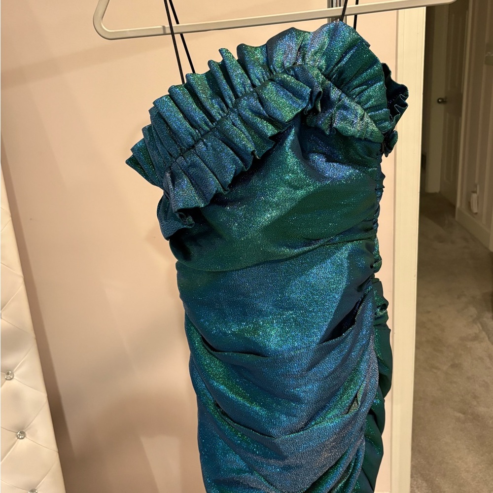 DO+ BE Shimmery Teal Ruffled Strapless Dress